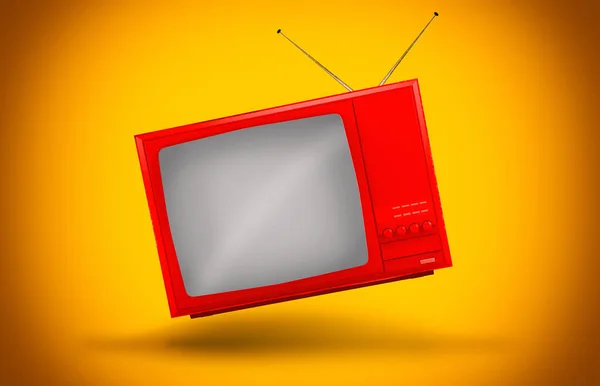 Vintage TV suspended in the air on a yellow background — Stock Photo, Image