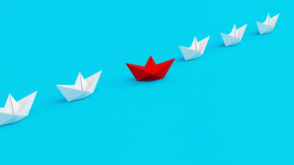 Fehér papírhajók egy irányba, egy piros papírhajó irányt változtat a cián háttér. Innovatív és kreatív az életben és az üzleti életben. — Stock Fotó