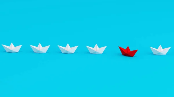Cartoncini bianchi in una direzione con una barca di carta rossa che cambia direzione su sfondo ciano. Essere innovativi e creativi nella vita e nel business. — Foto Stock