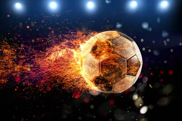Egy focilabda erős rúgása tűzlánggal — Stock Fotó