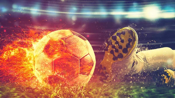 Defender di slide mencoba untuk menghentikan bola api ditendang dengan kekuasaan — Stok Foto