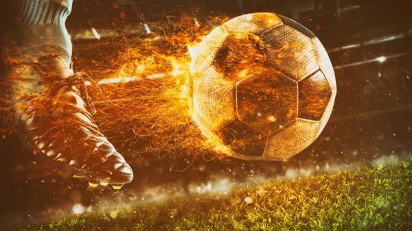 Close up of a soccer scene at night match with a soccer shoe kicking a fiery ball with power — Stock Photo, Image