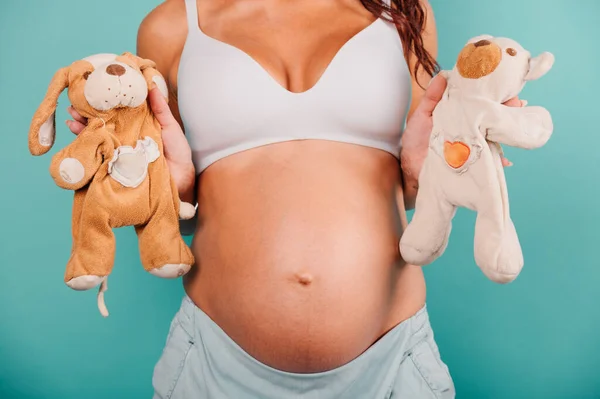 Gravid kvinna väntar ett barn smeker magen — Stockfoto