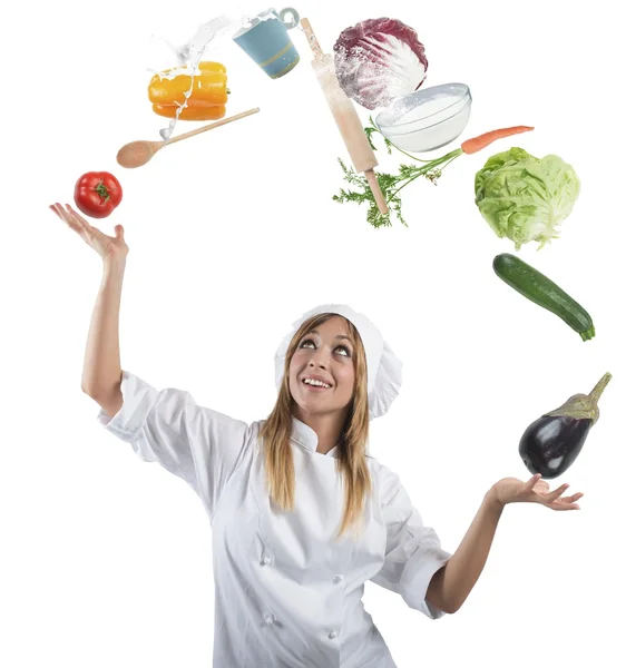 Malabarista chef jugando con ingredientes — Foto de Stock