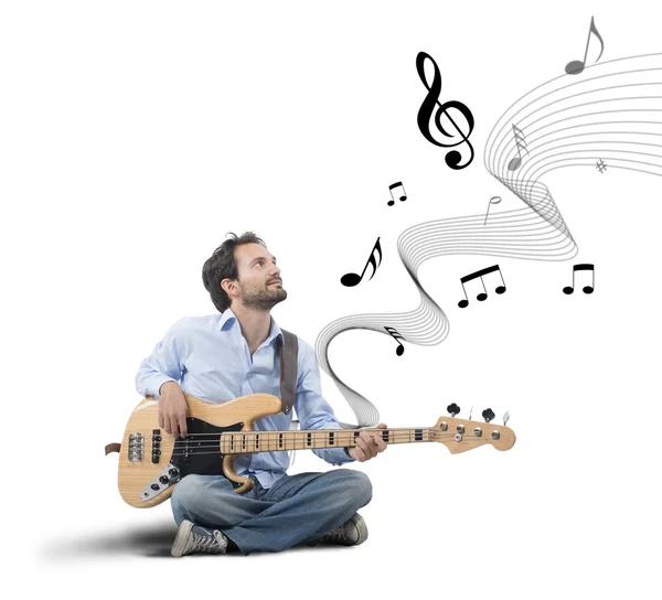 Boy play with electric bass guitar — Stock Photo, Image