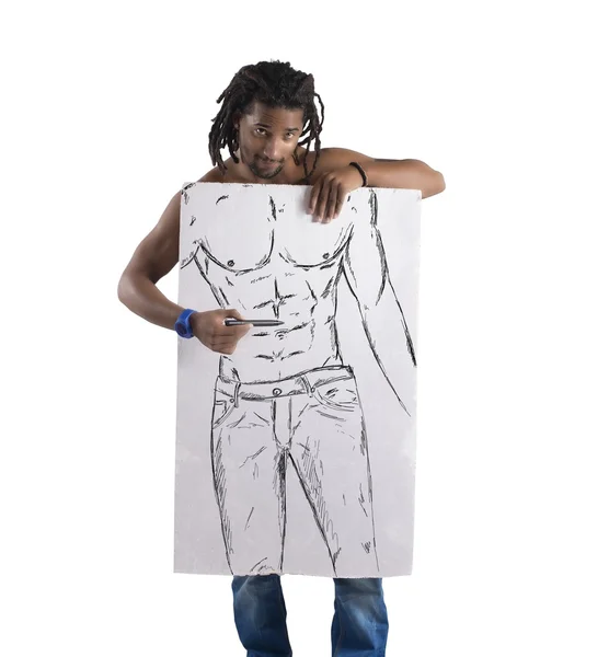 Man draws his perfect physique — Stock Photo, Image