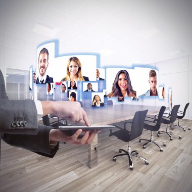 Business team talks in videoconference clipart