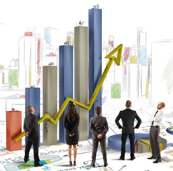 Team analyzes graphics and profits — Stock Photo, Image