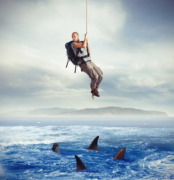 Explorer frightened by sharks — Stock Photo, Image