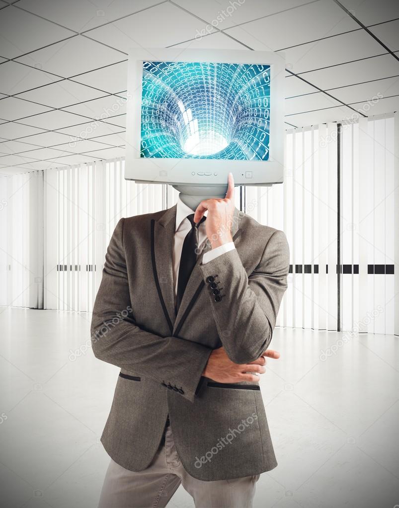 Businessman with computer instead of head