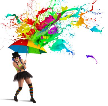 Renkli bir yağmurdan gizleme palyaço
