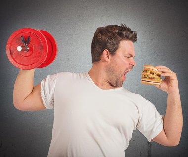 Fat man with weights and sandwich clipart