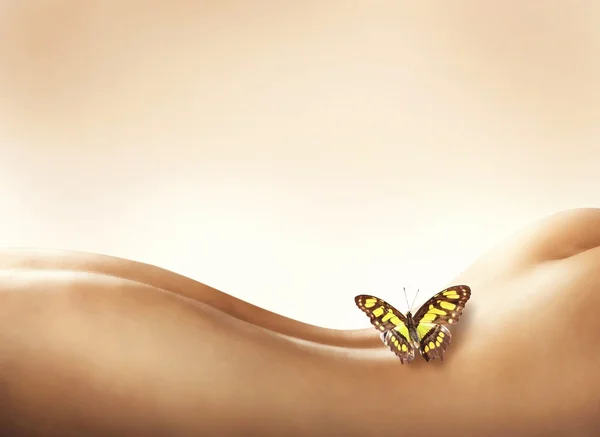 Borboleta descansando na mulher de volta — Fotografia de Stock