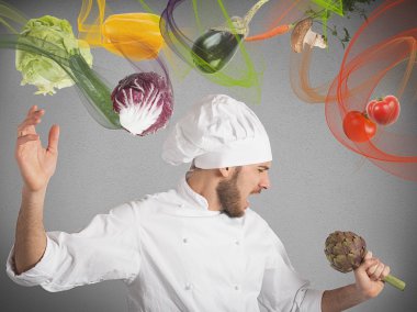 Chef with an artichoke as microphone clipart
