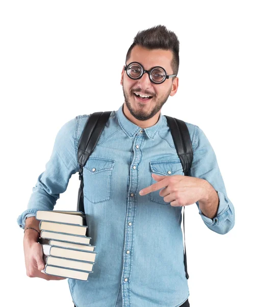 Menino nerd estudando livros — Fotografia de Stock