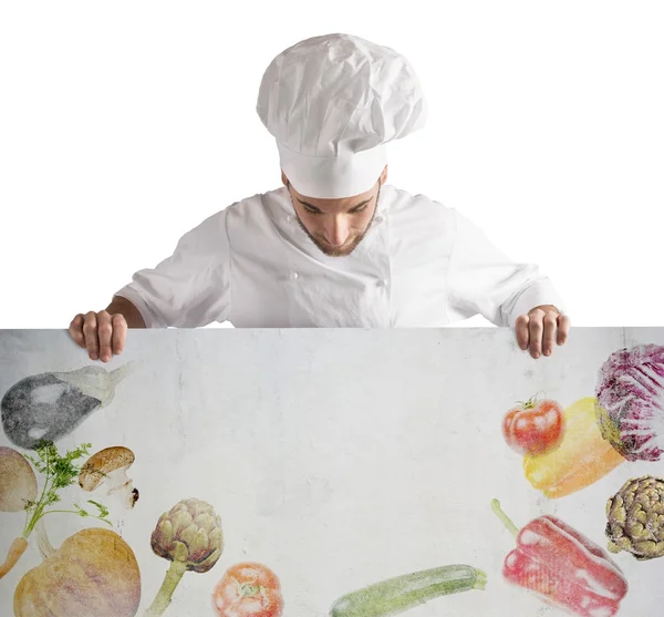 Man chef shows his billboard — Stock Photo, Image