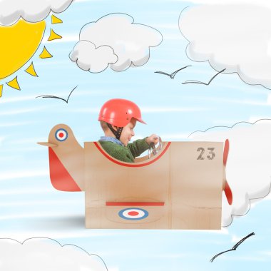 Child flies with his plane clipart