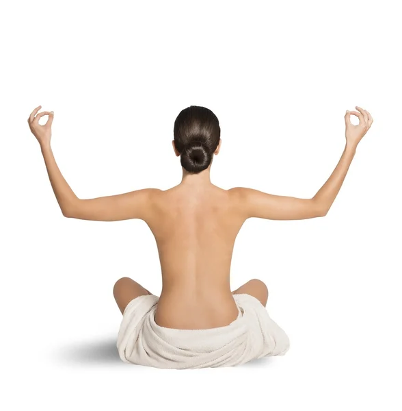 Naken kvinna gör yoga — Stockfoto