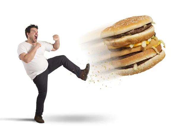 Tlustý muž kopy sandwich — Stock fotografie