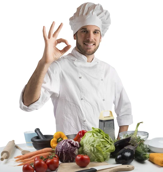 Mužské šéfkuchař podporuje jeho kuchyně — Stock fotografie