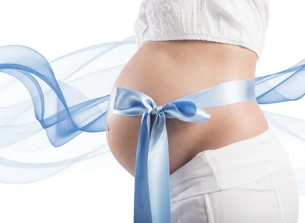 Pregnant woman with a sweet blue bow — Stock Photo, Image