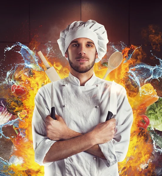 Extraordinary chef with knives — Stock Photo, Image