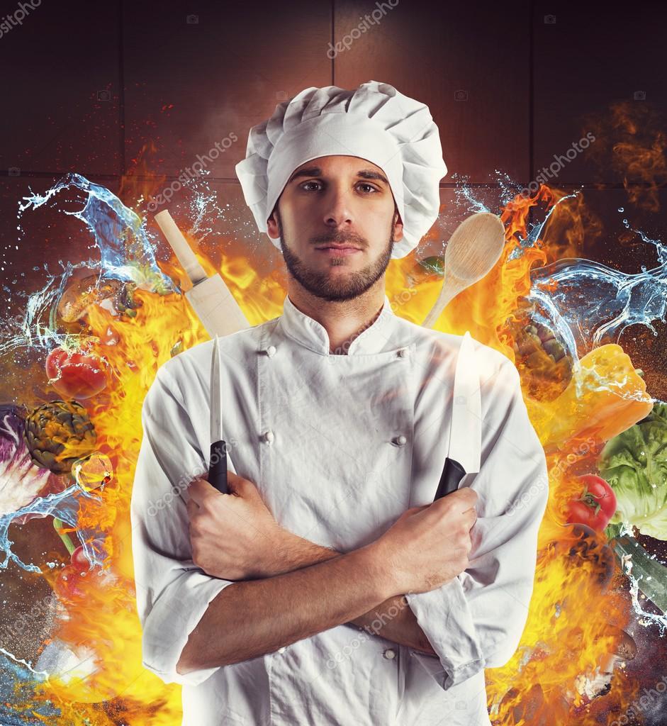 Extraordinary chef with knives — Stock Photo © alphaspirit 79647158