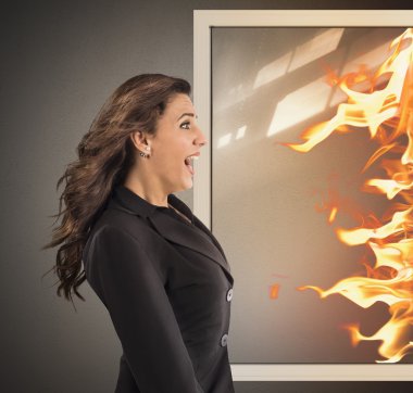 Woman opens the window and enter flames clipart