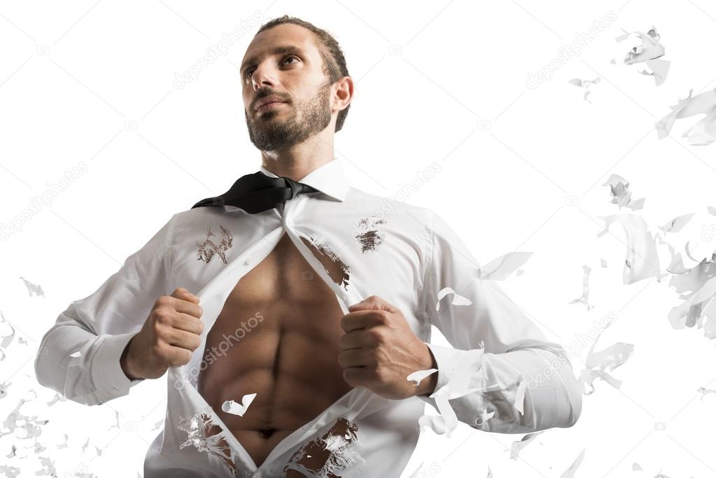 Businessman opens shirt