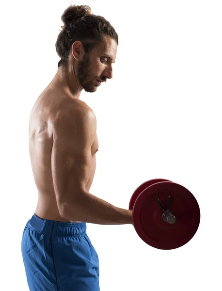 Adam eğitim pazı dumbbell ile — Stok fotoğraf