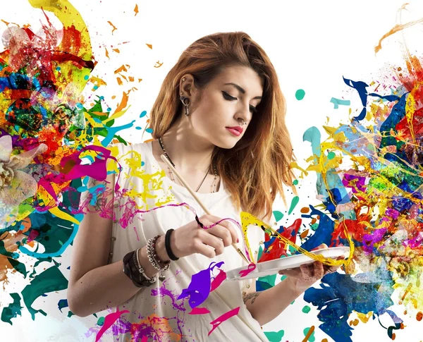 Woman painter with brush — Stock Photo, Image