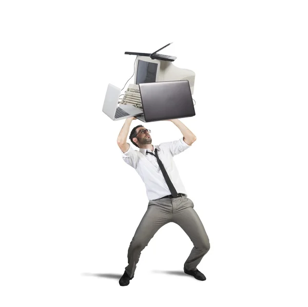 Tired businessman breaks computers — Stock Photo, Image