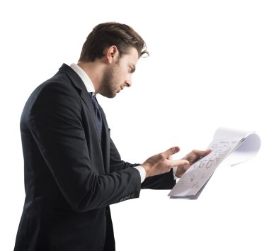 Businessman analyzes work documents clipart