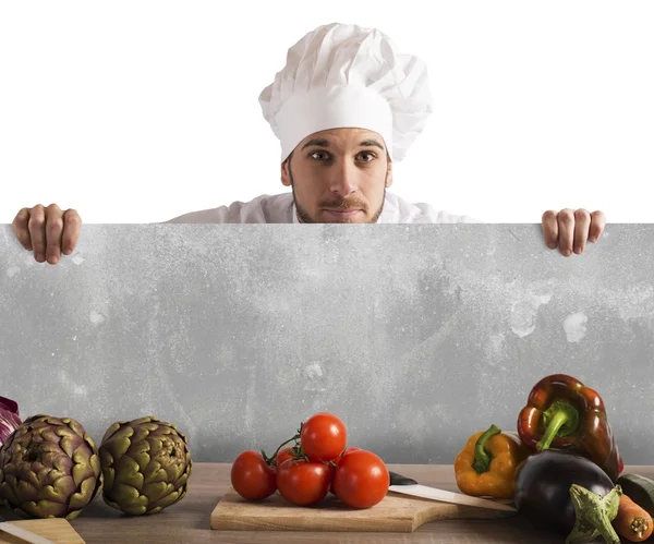 Cucinare con un cartellone bianco — Foto Stock