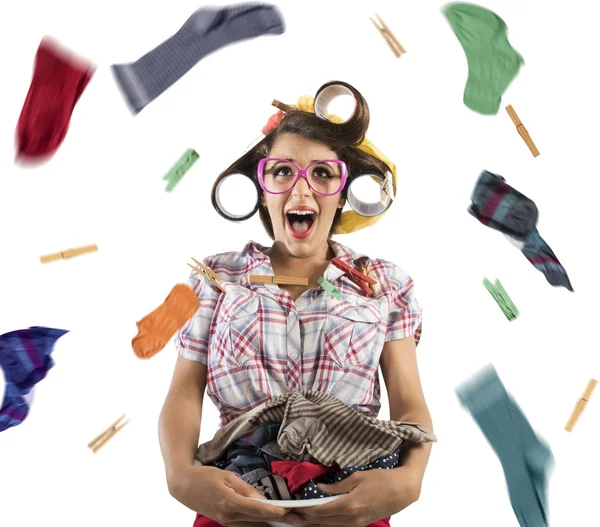 Housewife screams with laundry basket — Stock Photo, Image