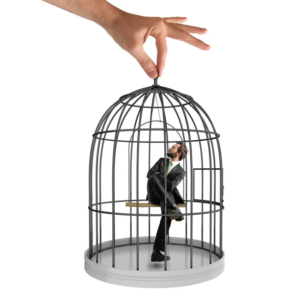 Businessman sitting in a cage of birds — Stock Photo, Image