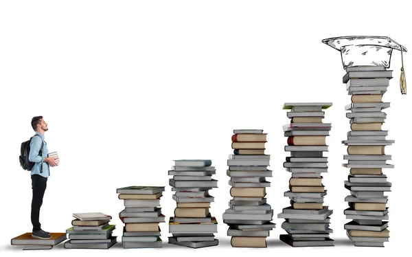 Student climbing a ladder of books — Stock Photo, Image