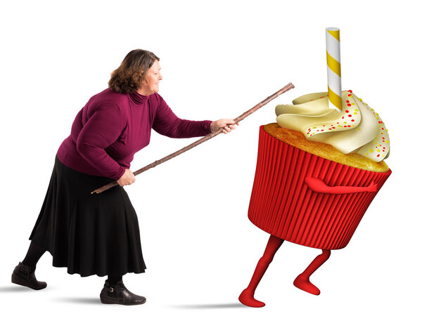 Fat woman hiting a cupcake with stick
