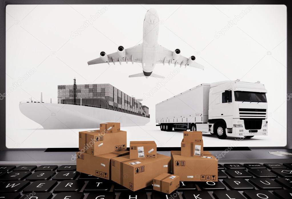 Laptop with boxes, aircraft, ship and truck