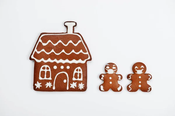 Hand Made Eatable Gingerbread House Little Men Face Masks White — Stock Photo, Image