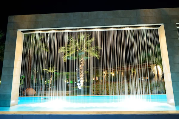 Waterfall Fountain Palm Tree Night Illumination Luxury Hotel Halkidiki Greece — Stock Photo, Image