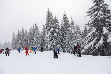 BUKOVEL, UKRAINE - 25 ARALIK: Kayakçılar ve kar sınırları Bukovel kayak merkezinin yamacında. 25 Aralık 2018 tarihinde Bukovel, Ukrayna 'da 68 km pisti bulunan Ukrayna' nın en büyük kayak merkezidir.