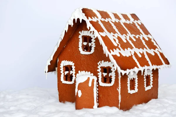 Hand Made Eatable Gingerbread House Snow Decoration Stock Photo