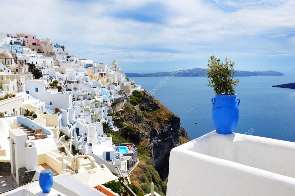 The view on Fira town and Aegean sea, Santorini island, Greece