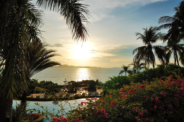 Beach with palm trees at luxury hotel in sunset, Pattaya, Thaila — Stock Photo, Image