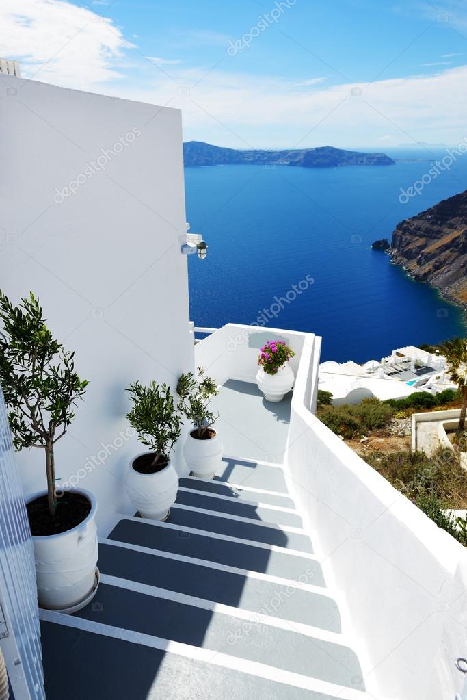 The staicase in house and sea view, Santorini island, Greece