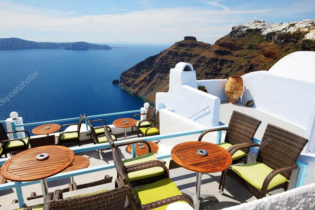 The sea view terrace at luxury hotel, Santorini island, Greece