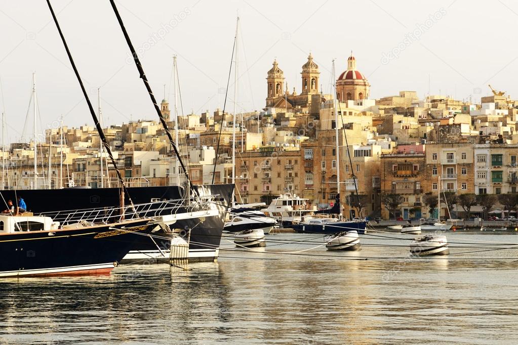 The view on Senglea and yachts in sunset, Malta