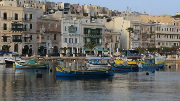 Η θέα στις παραδοσιακές βάρκες Μαλτεζικά την δύση του ηλίου, Kalkara, Μάλτα — Αρχείο Βίντεο