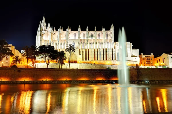 The fountain near Cathedral of Santa Maria of Palma in Palma de — Stock Photo, Image